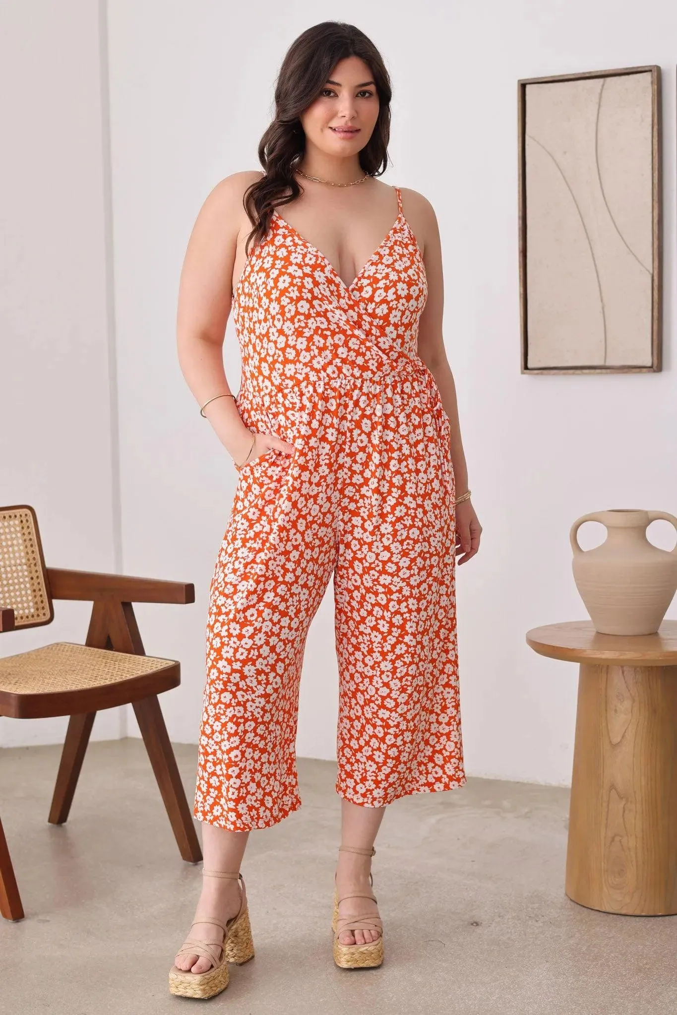 Plus Size Warp Floral Print Wide Capri Leg Side Tie Jumpsuit