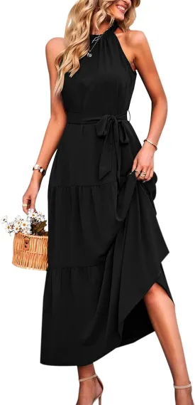 PRETTYGARDEN Women's Summer Floral Maxi Sun Dress Sleeveless Halter Neck Flowy Ruffle Hem Long Boho Dresses with Belt
