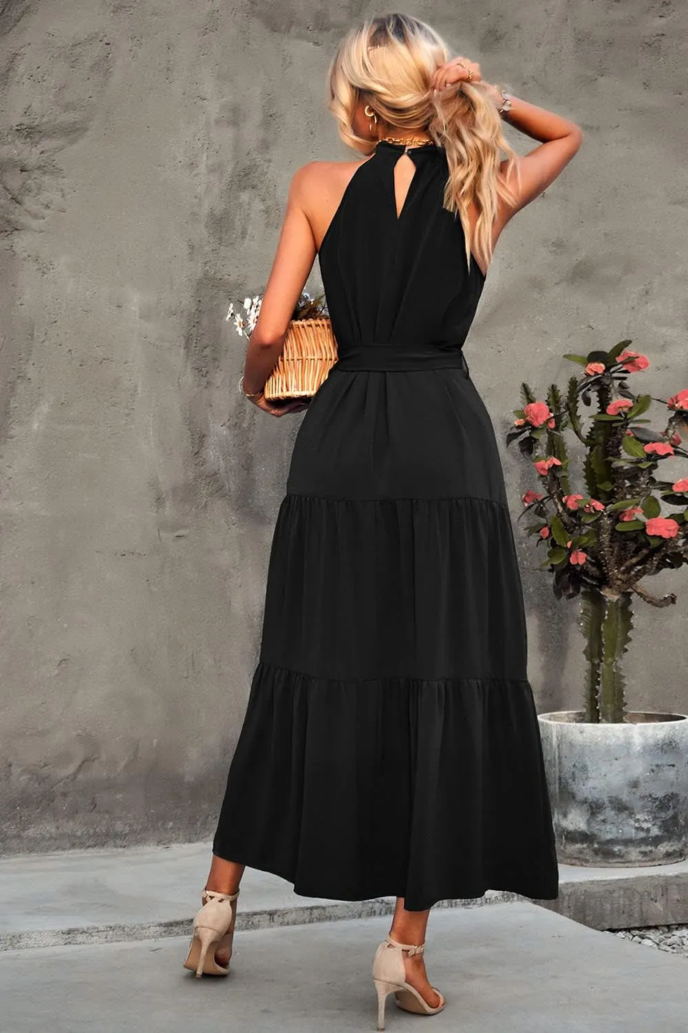 PRETTYGARDEN Women's Summer Floral Maxi Sun Dress Sleeveless Halter Neck Flowy Ruffle Hem Long Boho Dresses with Belt