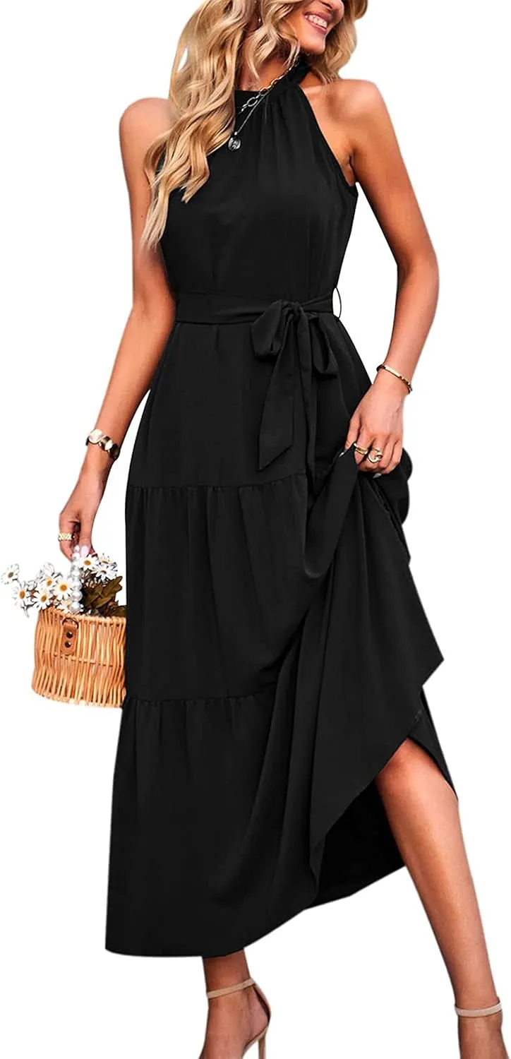 PRETTYGARDEN Women's Summer Floral Maxi Sun Dress Sleeveless Halter Neck Flowy Ruffle Hem Long Boho Dresses with Belt