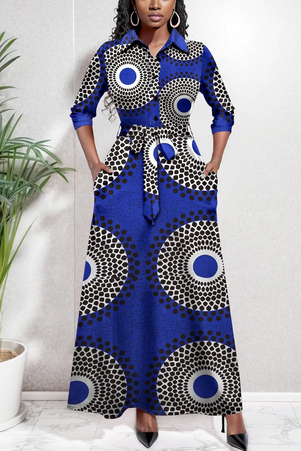 Runwind Women Church Maxi Dresses 3/4 Sleeve Button Down Print Casual Office Dress African