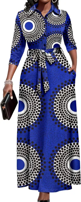 Runwind Women Church Maxi Dresses 3/4 Sleeve Button Down Print Casual Office Dress African