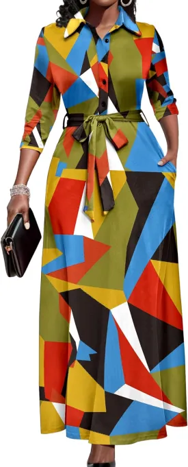 Runwind Women Church Maxi Dresses 3/4 Sleeve Button Down Print Casual Office Dress African