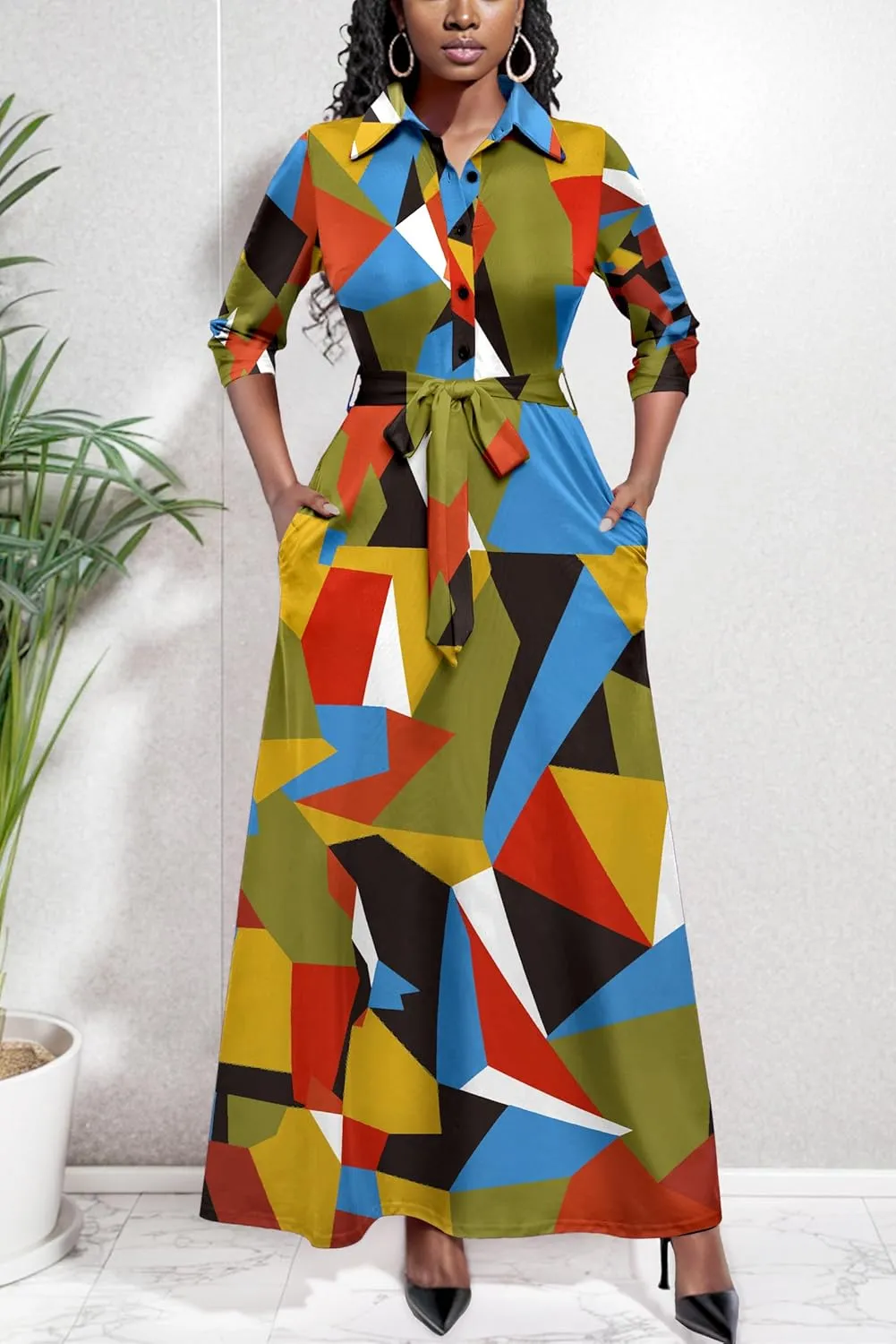 Runwind Women Church Maxi Dresses 3/4 Sleeve Button Down Print Casual Office Dress African
