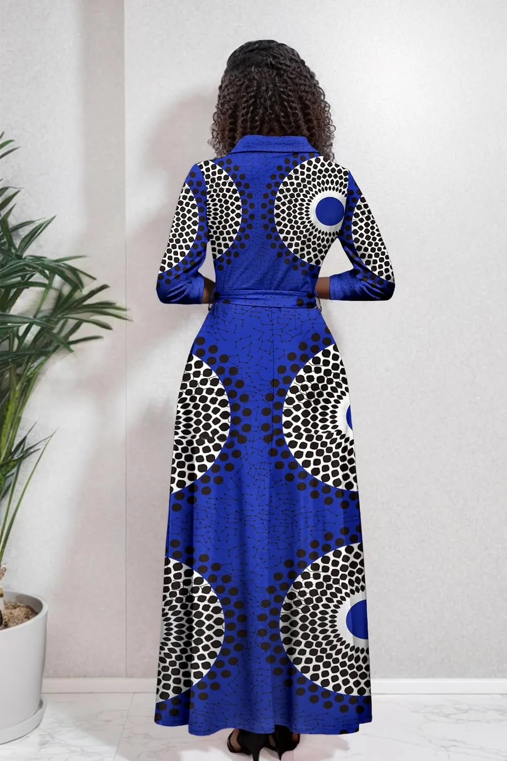 Runwind Women Church Maxi Dresses 3/4 Sleeve Button Down Print Casual Office Dress African