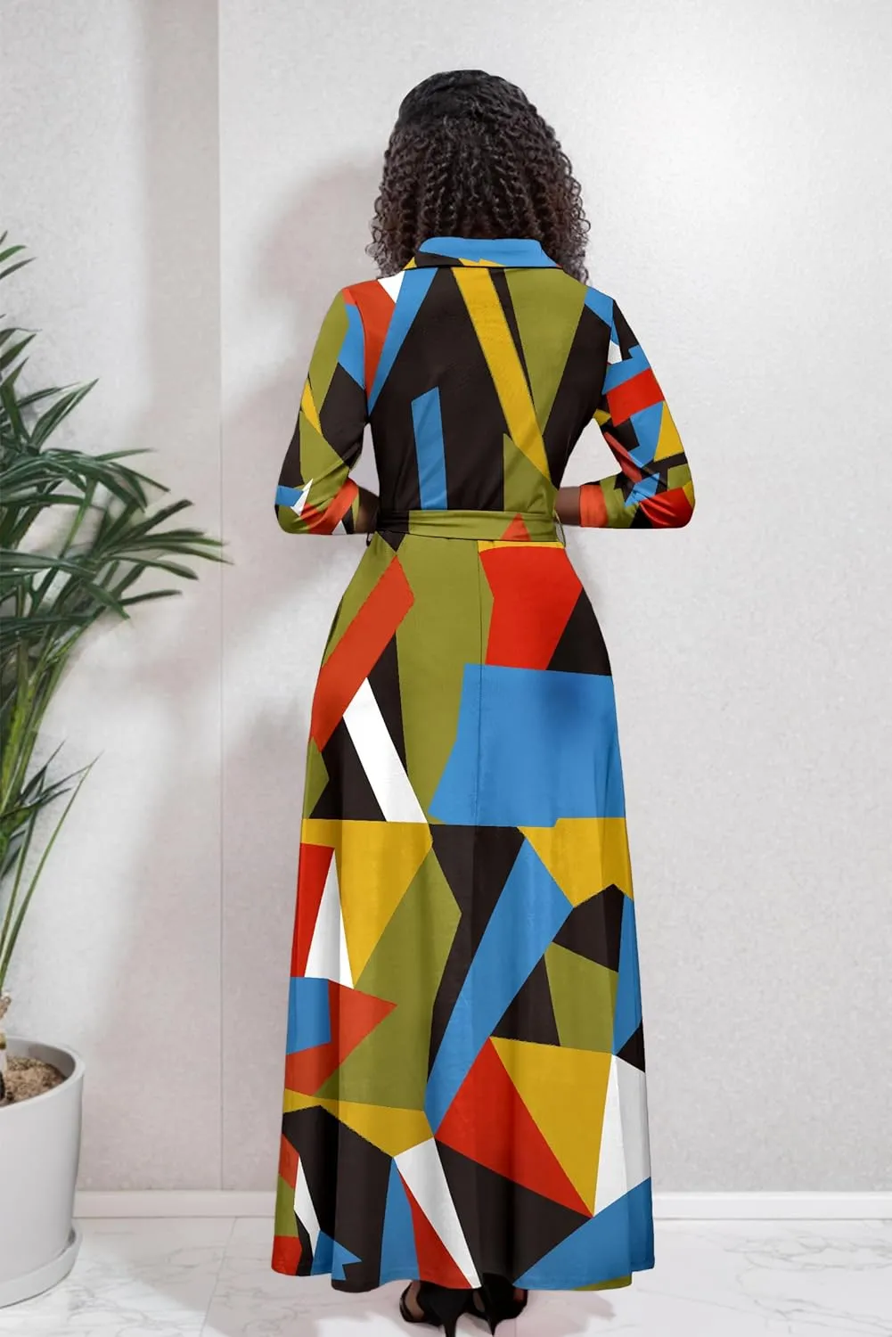 Runwind Women Church Maxi Dresses 3/4 Sleeve Button Down Print Casual Office Dress African