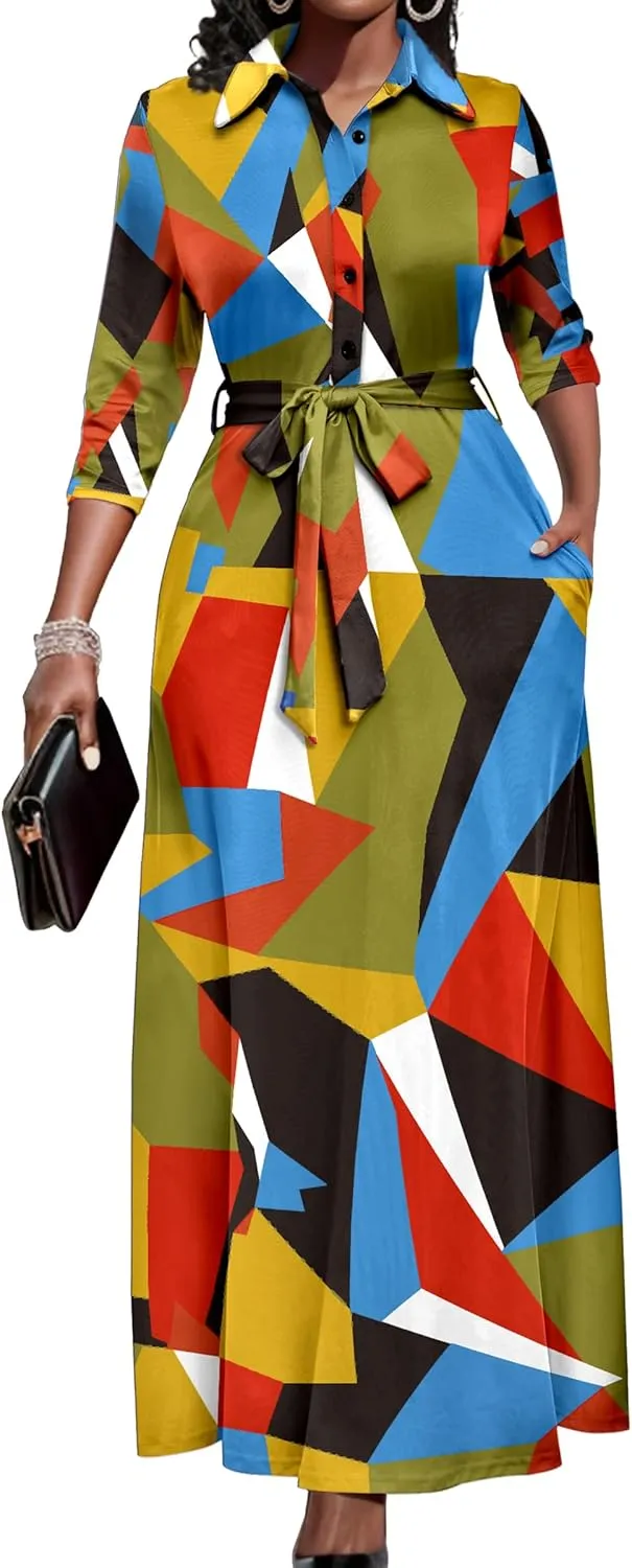 Runwind Women Church Maxi Dresses 3/4 Sleeve Button Down Print Casual Office Dress African