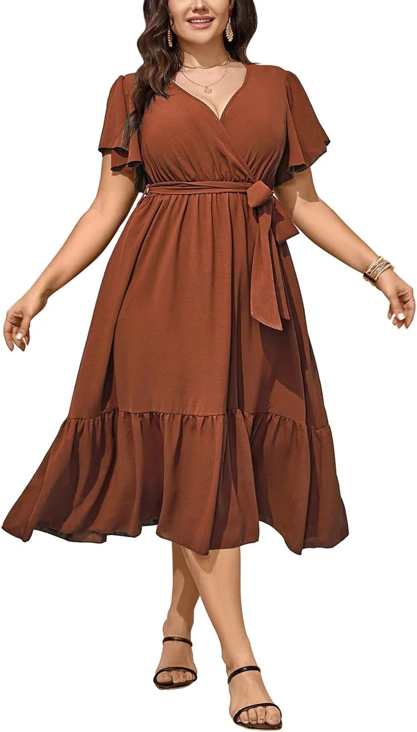 SCOMCHIC Womens Plus Size Wedding Guest Dresses Summer Wrap V Neck Short Sleeve Belted Ruffle Hem A-Line Flowy Maxi Dress