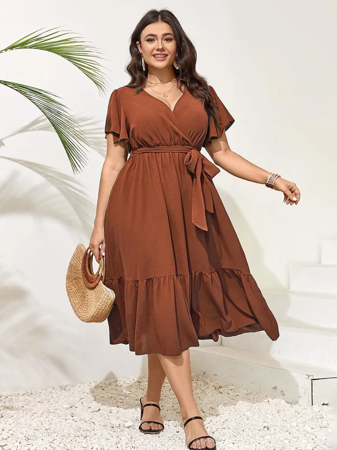 SCOMCHIC Womens Plus Size Wedding Guest Dresses Summer Wrap V Neck Short Sleeve Belted Ruffle Hem A-Line Flowy Maxi Dress