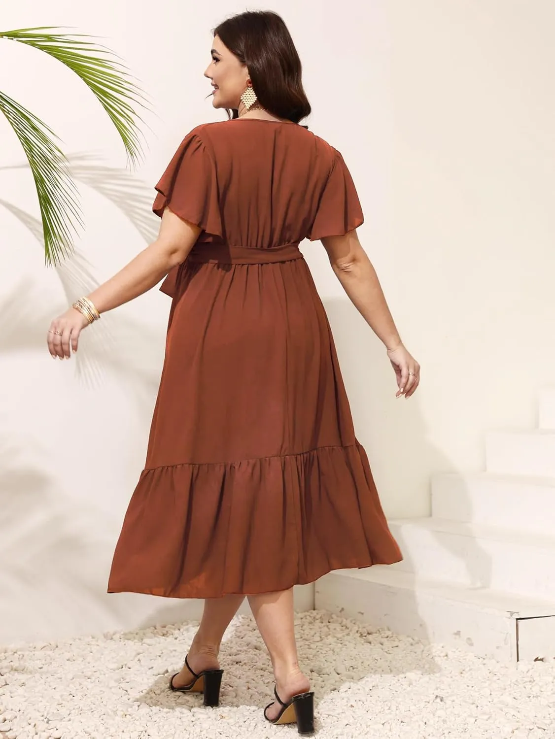 SCOMCHIC Womens Plus Size Wedding Guest Dresses Summer Wrap V Neck Short Sleeve Belted Ruffle Hem A-Line Flowy Maxi Dress