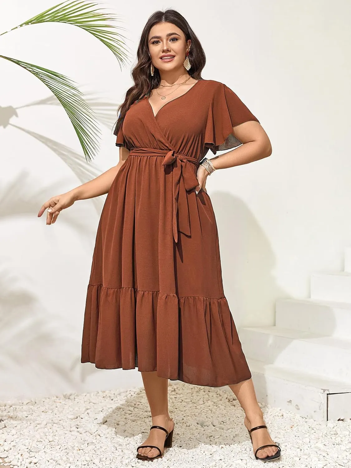 SCOMCHIC Womens Plus Size Wedding Guest Dresses Summer Wrap V Neck Short Sleeve Belted Ruffle Hem A-Line Flowy Maxi Dress