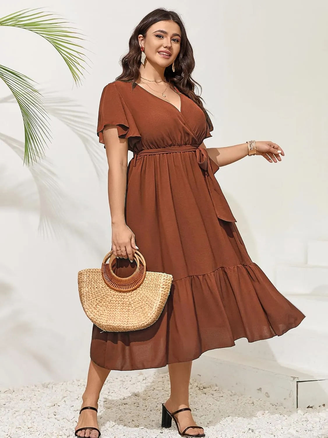 SCOMCHIC Womens Plus Size Wedding Guest Dresses Summer Wrap V Neck Short Sleeve Belted Ruffle Hem A-Line Flowy Maxi Dress