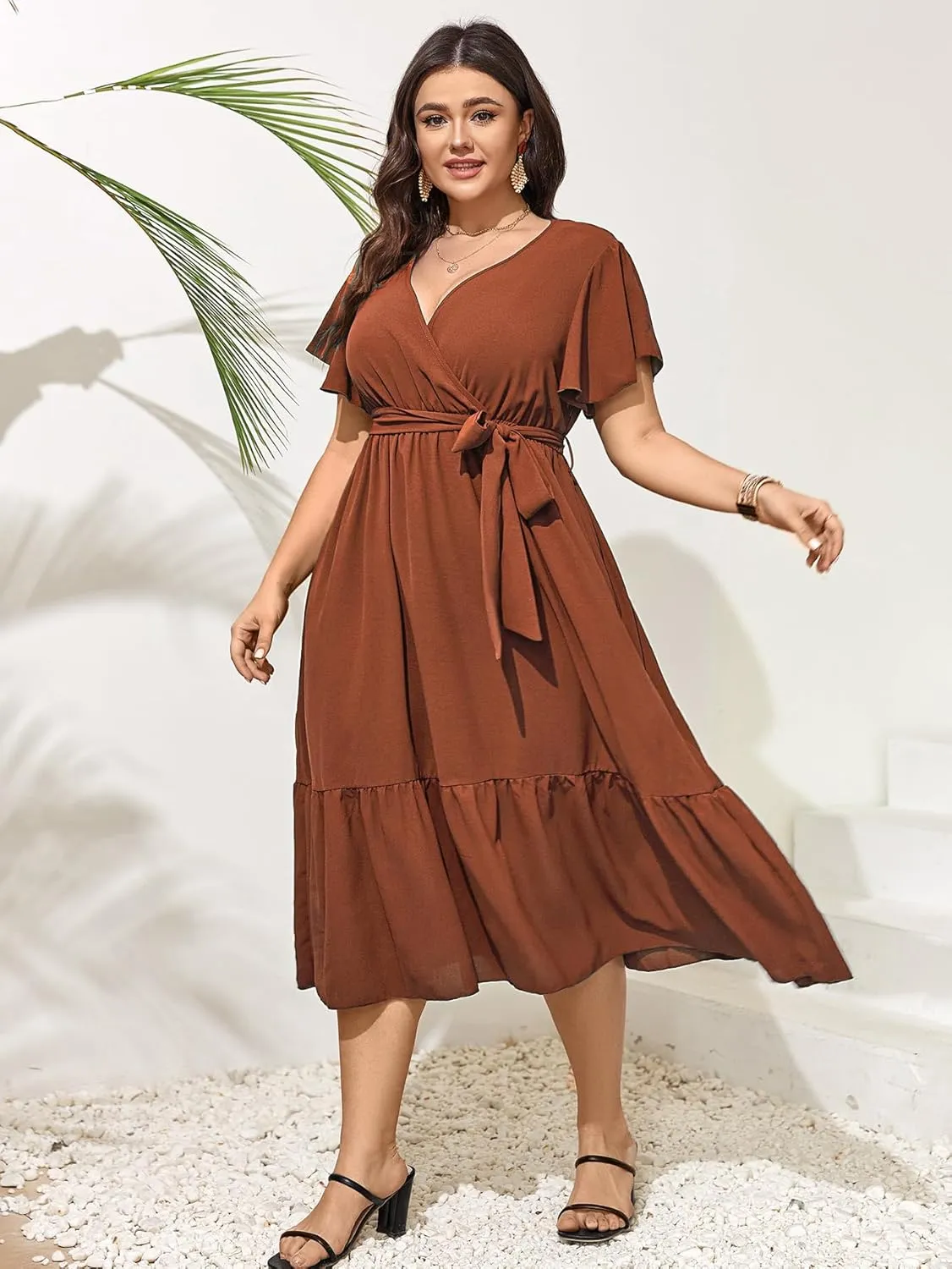 SCOMCHIC Womens Plus Size Wedding Guest Dresses Summer Wrap V Neck Short Sleeve Belted Ruffle Hem A-Line Flowy Maxi Dress