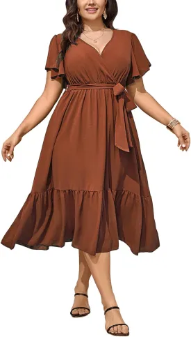 SCOMCHIC Womens Plus Size Wedding Guest Dresses Summer Wrap V Neck Short Sleeve Belted Ruffle Hem A-Line Flowy Maxi Dress