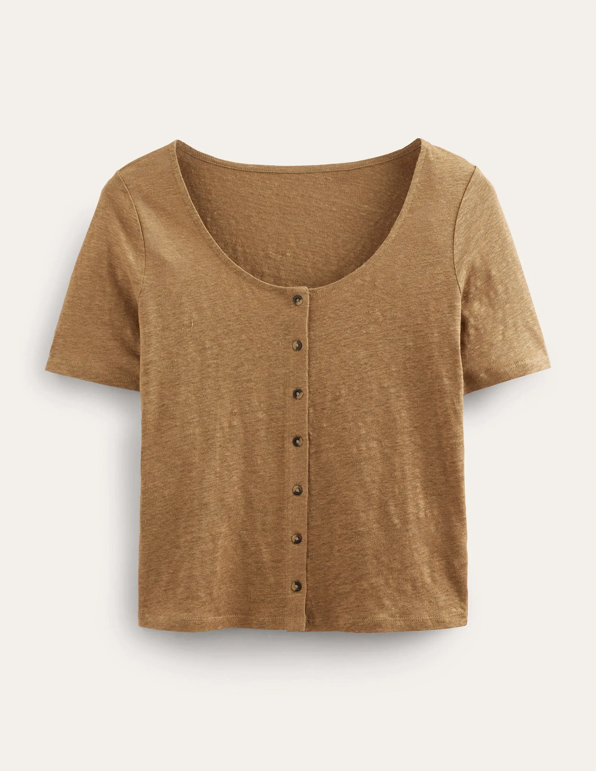 Scoop Neck Linen T-shirt-Camel