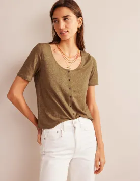Scoop Neck Linen T-shirt-Camel