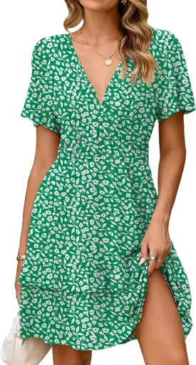 Simplee Womens Floral Mini Dress - Summer Casual Boho V Neck A-Line Empire Waist Vacation Beach Sundress