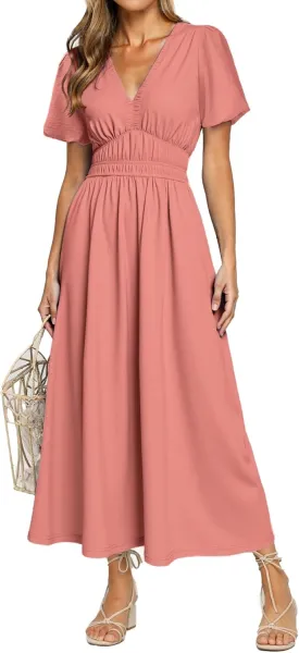 Simplee Women's Summer Flowy Midi Dress Casual V Neck Short Sleeve Empire Waist Boho Beach Dress Wedding Guest Maxi Dress