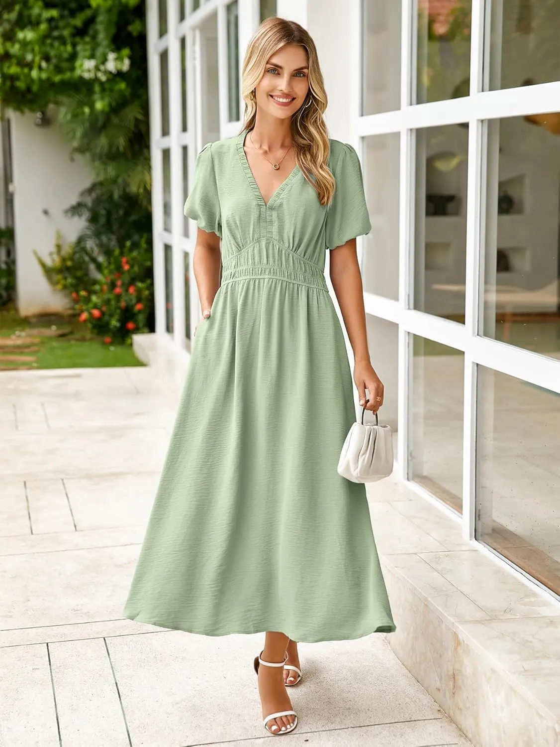 Simplee Women's Summer Flowy Midi Dress Casual V Neck Short Sleeve Empire Waist Boho Beach Dress Wedding Guest Maxi Dress