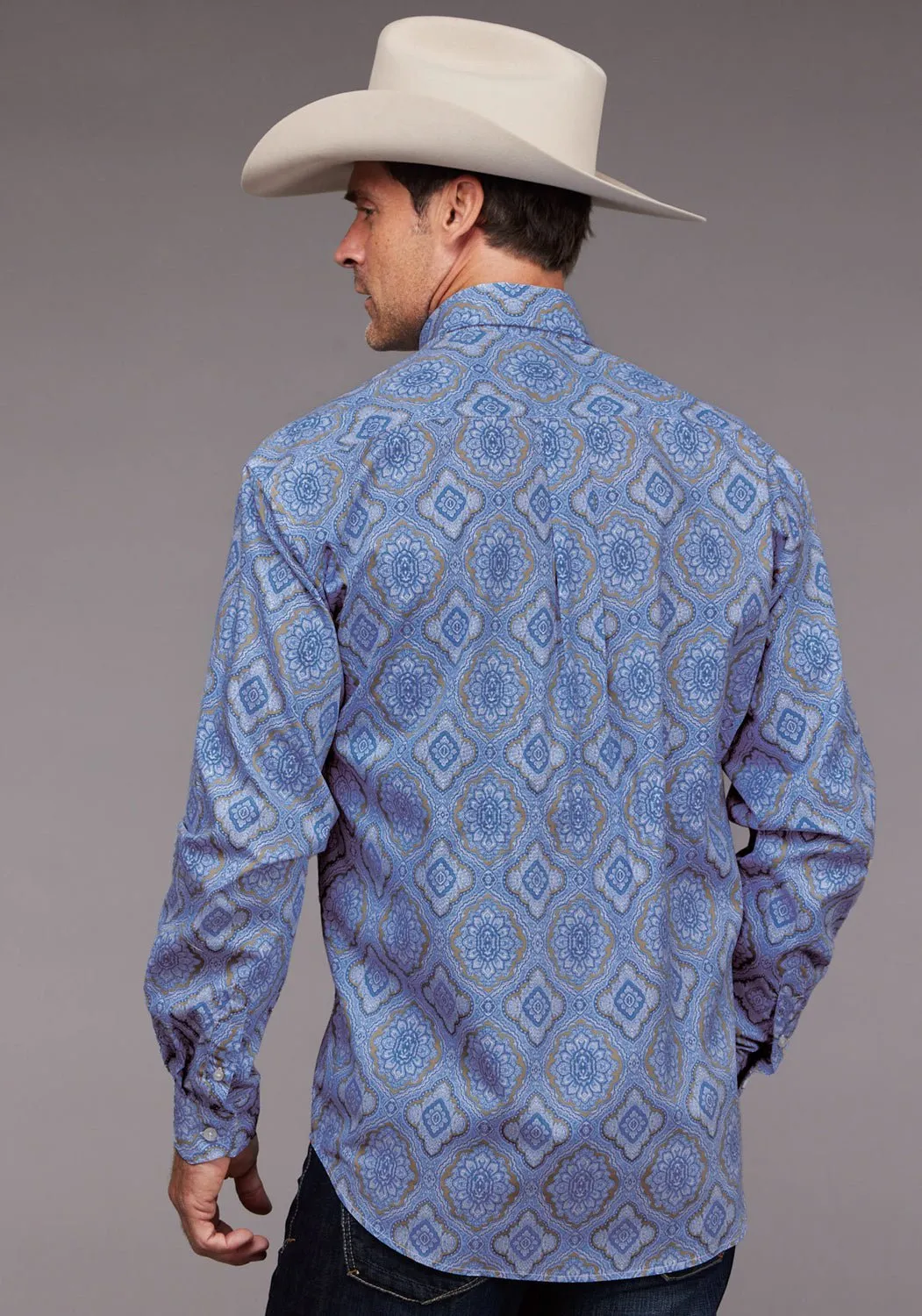 Stetson Mens Chambray Medallion Paisley Blue 100% Cotton 1 Pkt L/S Shirt