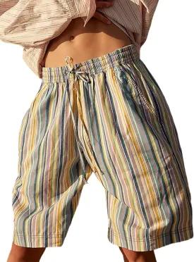 Striped Bermuda Shorts for Women Knee-Length Elastic Waist Drawstring Baggy Casual Wide Leg Shorts with Pockets