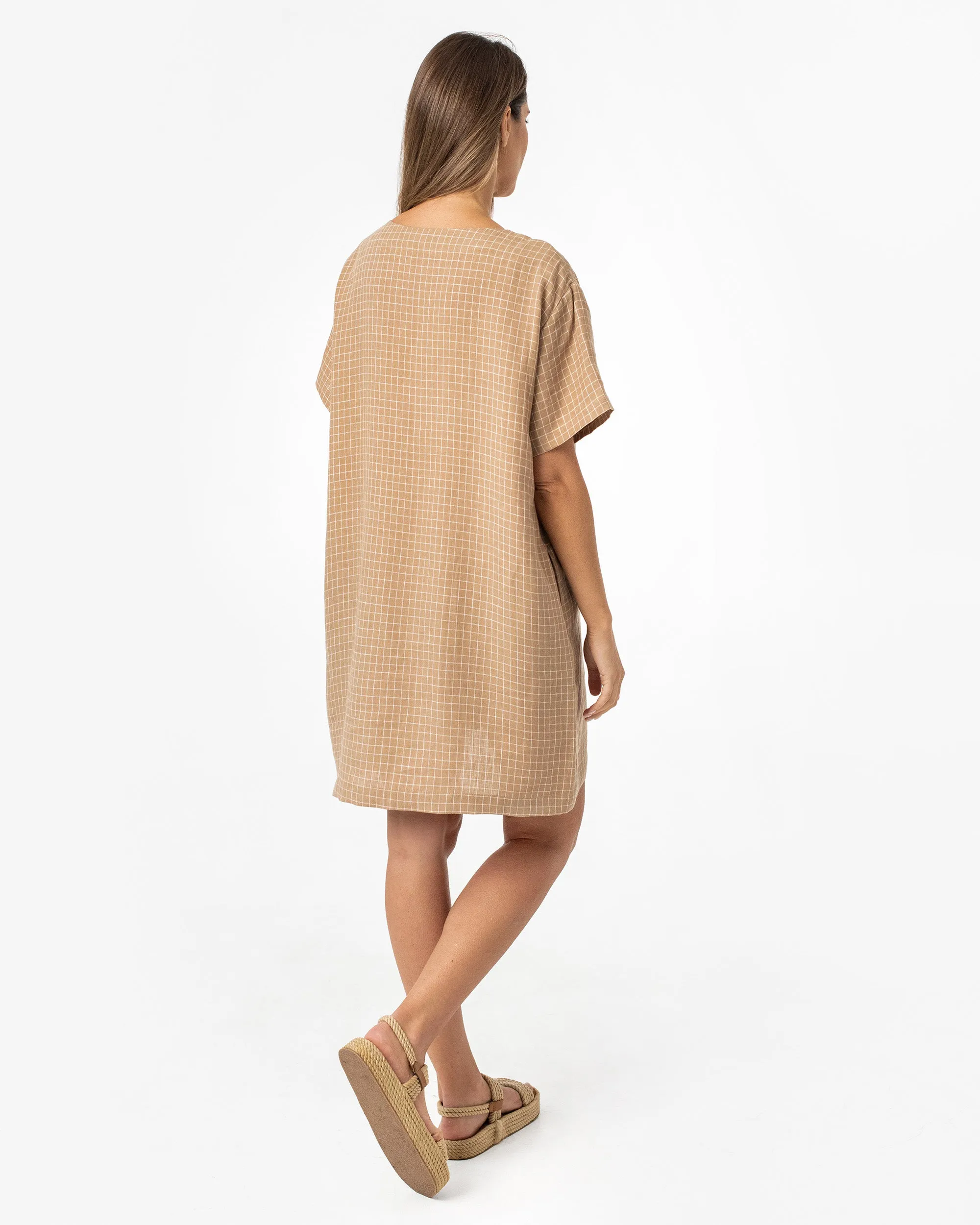 T-shirt linen dress MIJAS in Brown windowpane