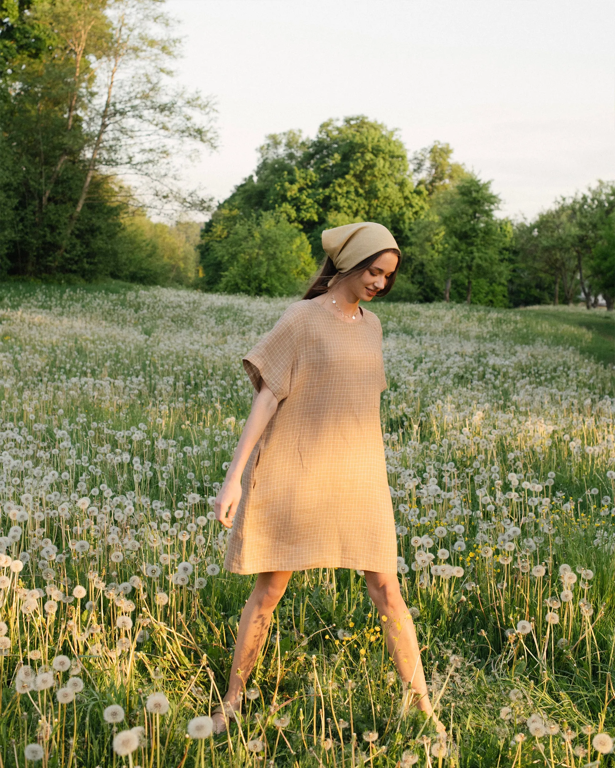 T-shirt linen dress MIJAS in Brown windowpane