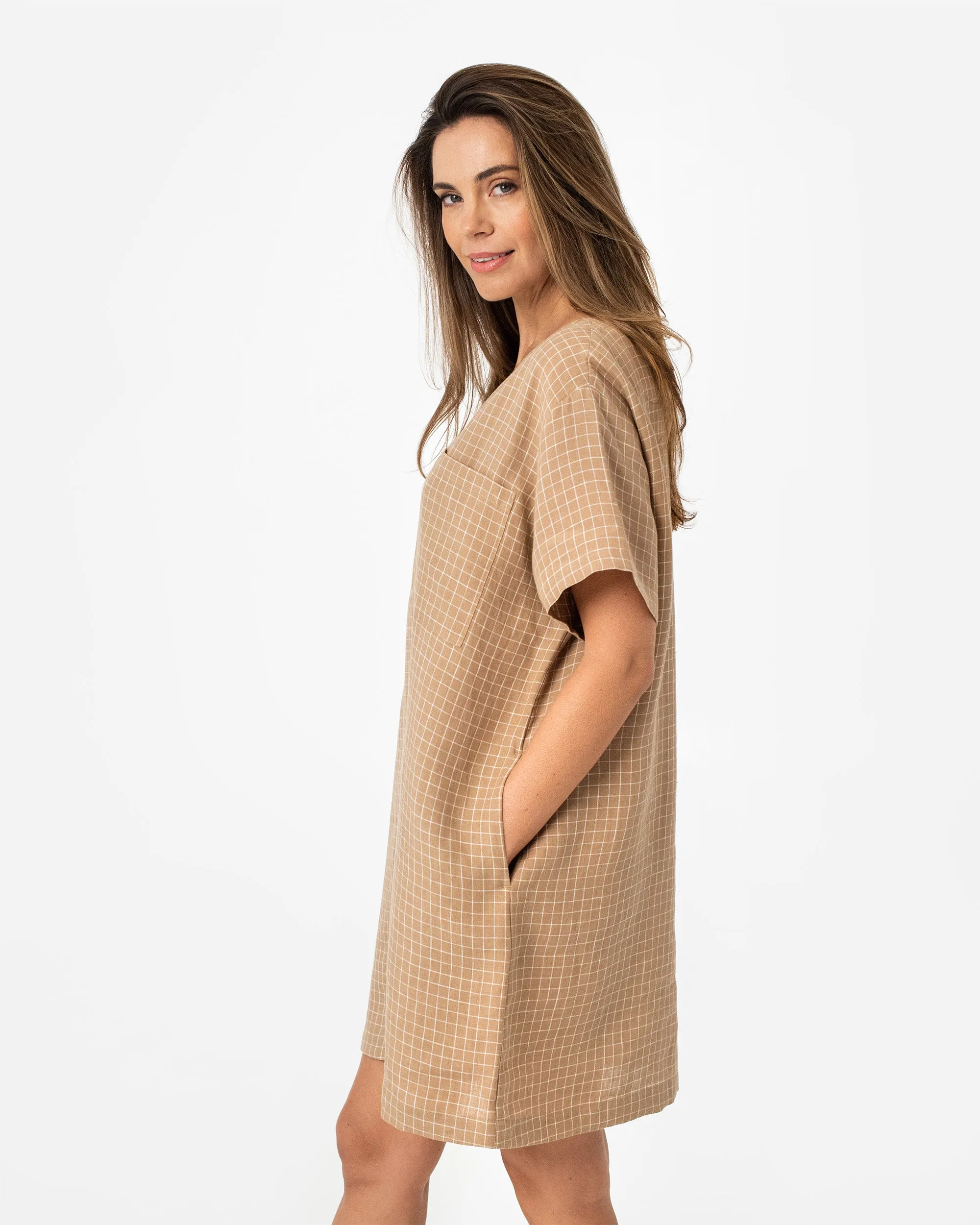 T-shirt linen dress MIJAS in Brown windowpane