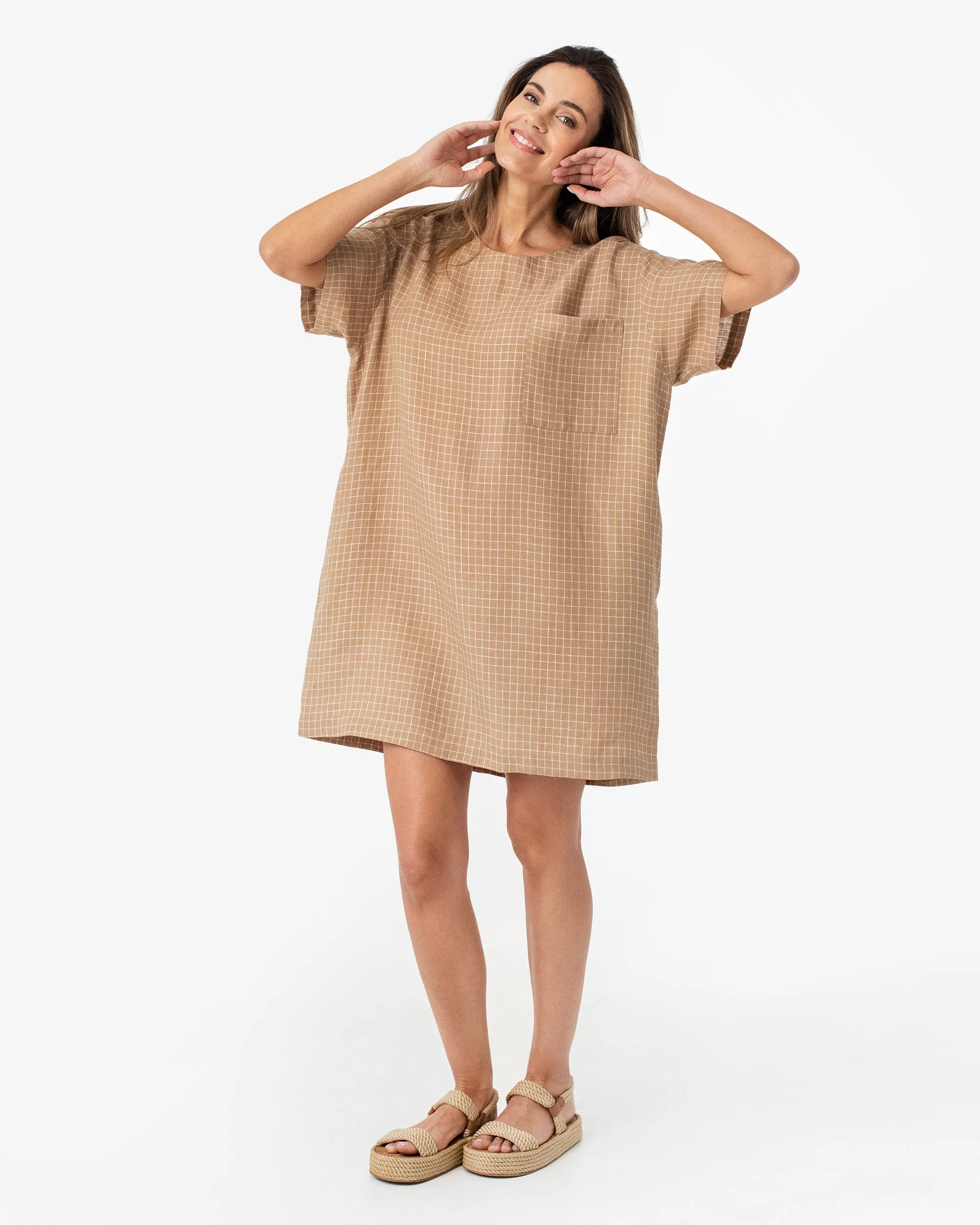 T-shirt linen dress MIJAS in Brown windowpane