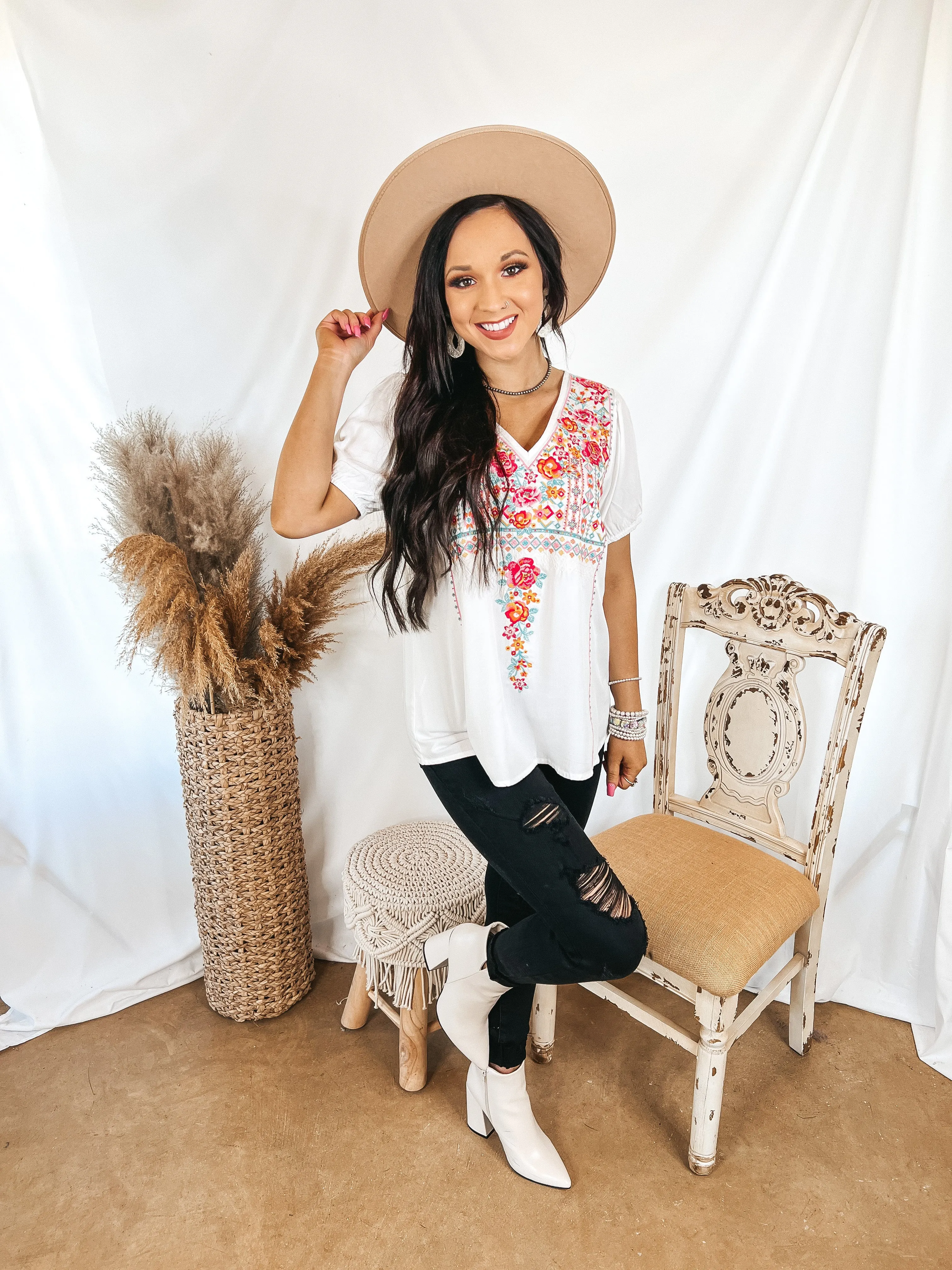 Think About Me Embroidered V Neck Top with Short Sleeves in White