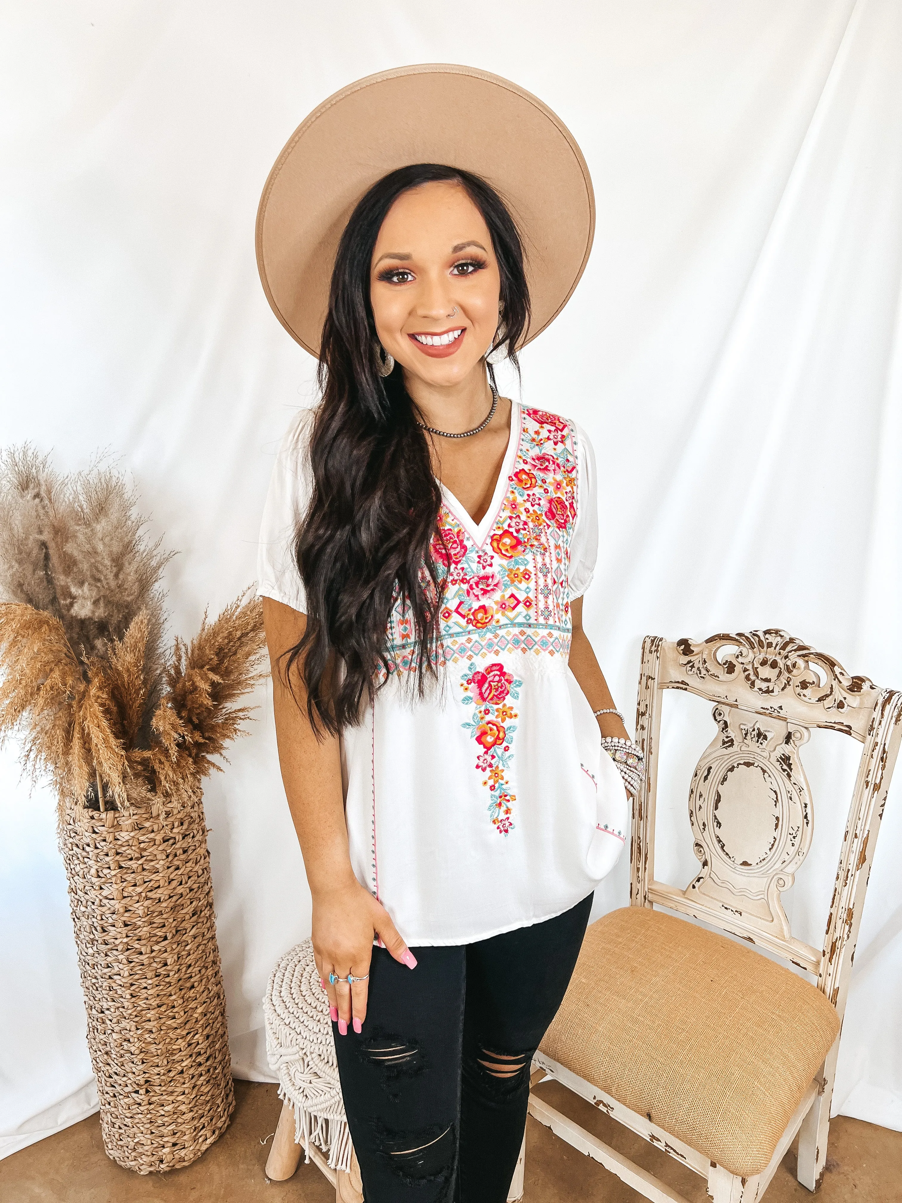 Think About Me Embroidered V Neck Top with Short Sleeves in White
