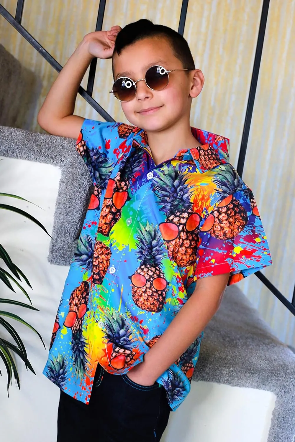 uideazone Boys Hawaiian Shirts Novelty Printed Funky Short Sleeve Button Down Shirt Kids Aloha Luau Shirt 7-14T