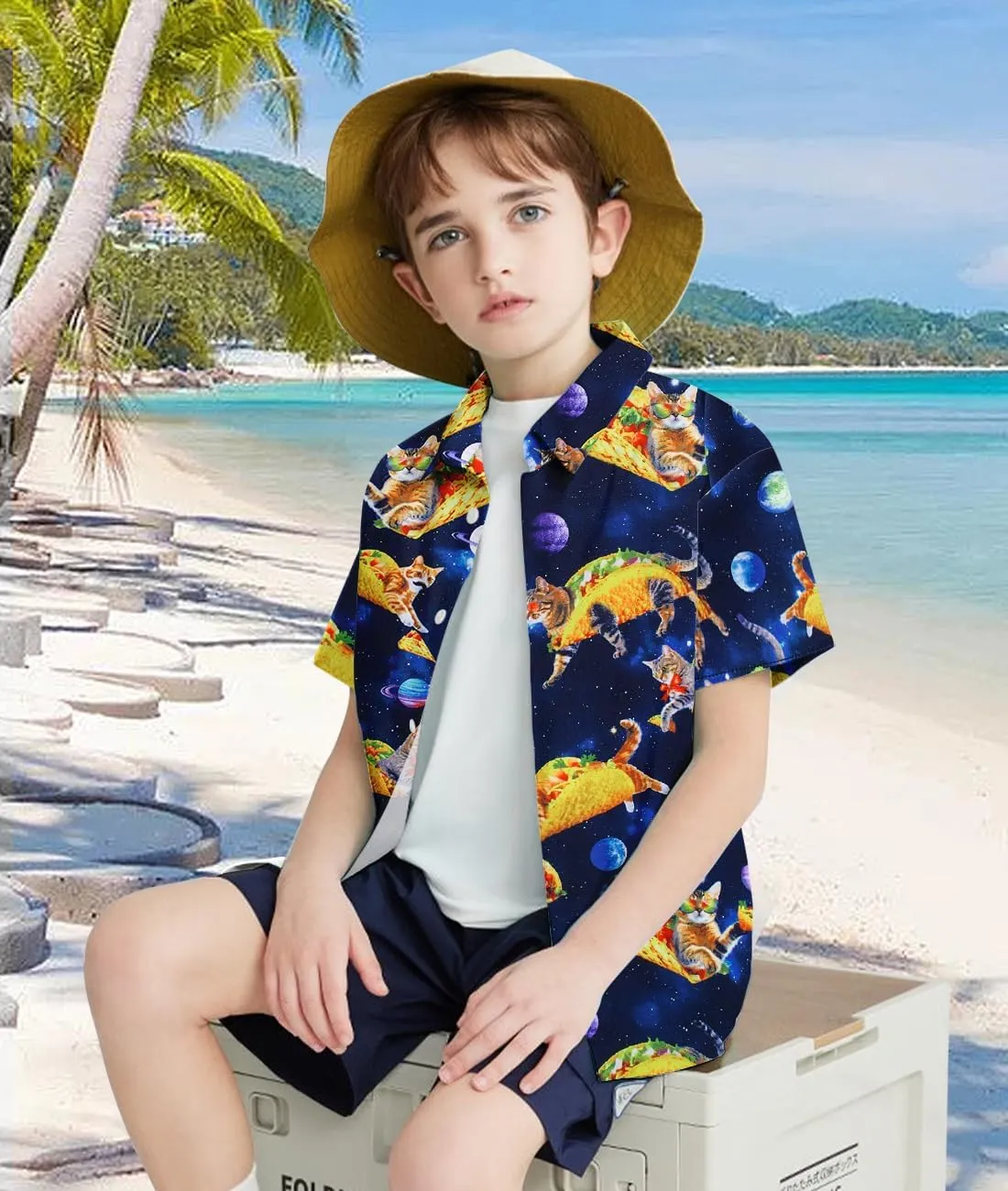uideazone Boys Hawaiian Shirts Novelty Printed Funky Short Sleeve Button Down Shirt Kids Aloha Luau Shirt 7-14T