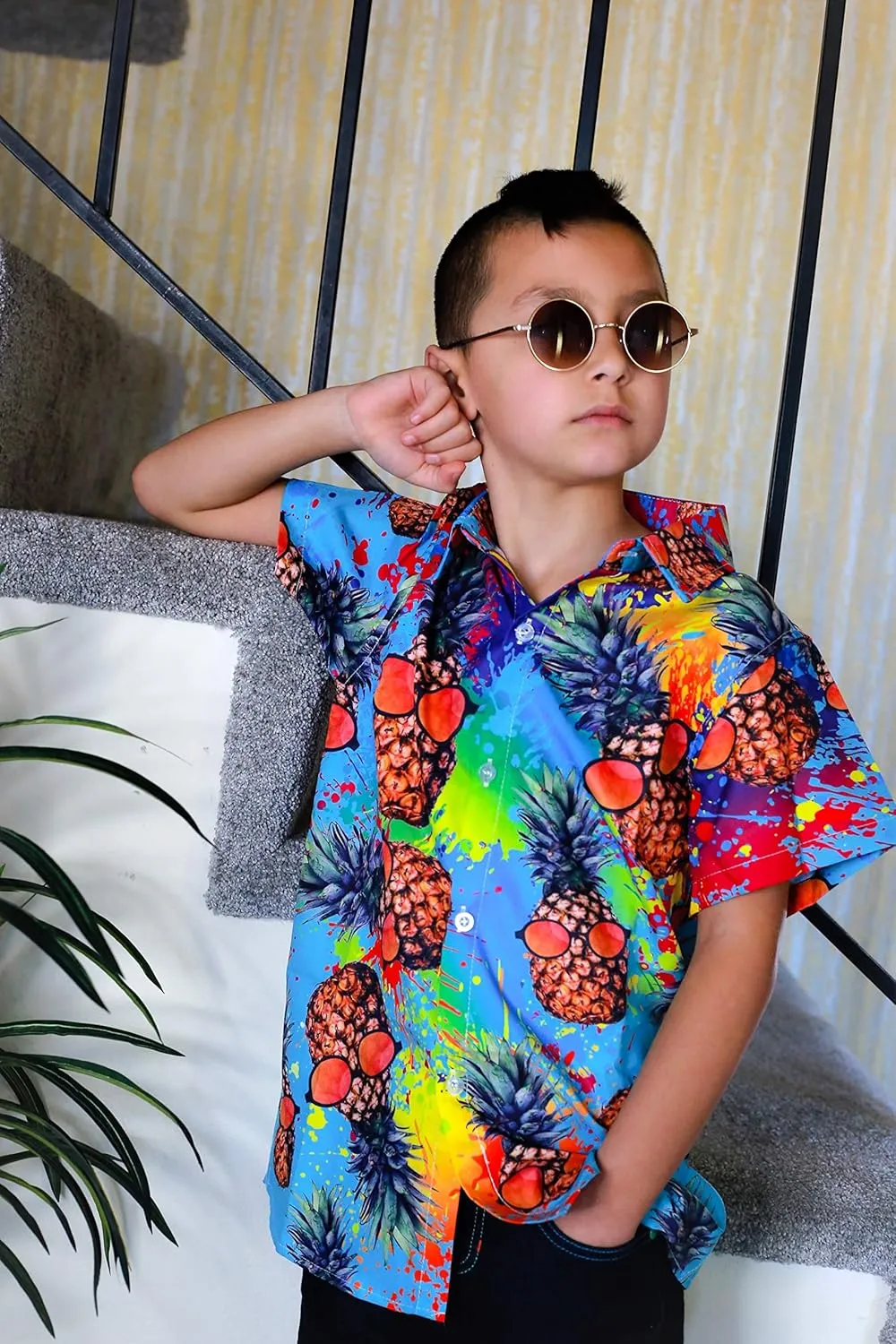 uideazone Boys Hawaiian Shirts Novelty Printed Funky Short Sleeve Button Down Shirt Kids Aloha Luau Shirt 7-14T