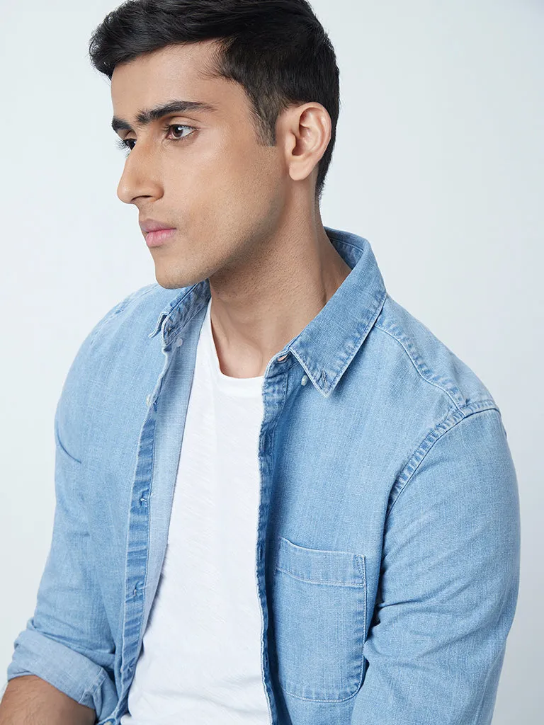 WES Casuals Light Blue Cotton Slim-Fit Shirt