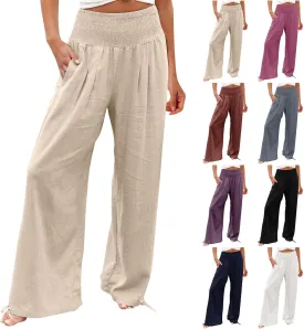 Wide Leg Linen Pants Women Summer High Waisted Boho Beach Flowy Pant Casual Vacation Outfits Elastic Lounge Trousers