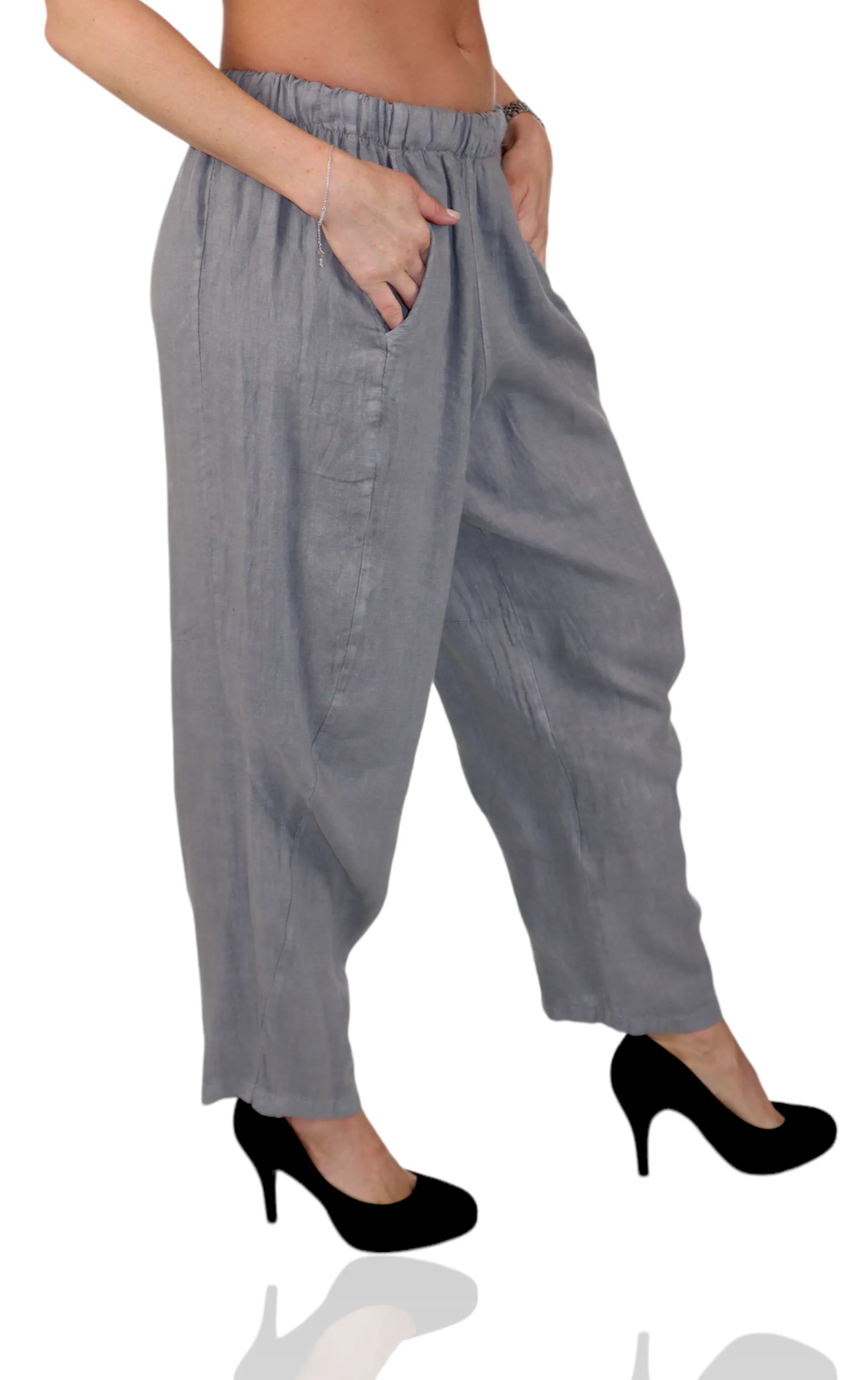 Women 100% Pure Linen Relaxed Fit Breathable Pants w/ Side Pockets