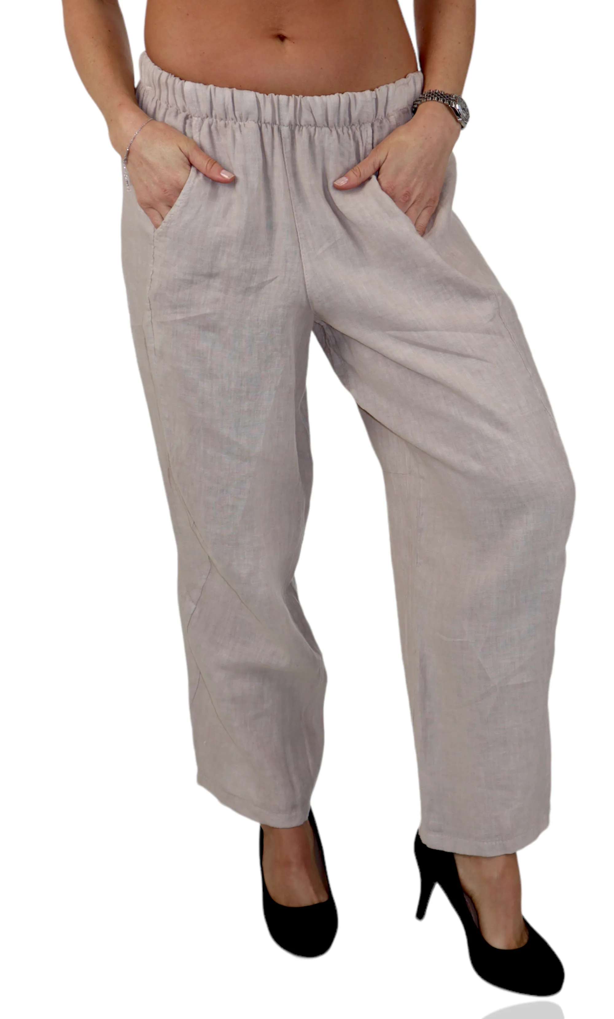 Women 100% Pure Linen Relaxed Fit Breathable Pants w/ Side Pockets