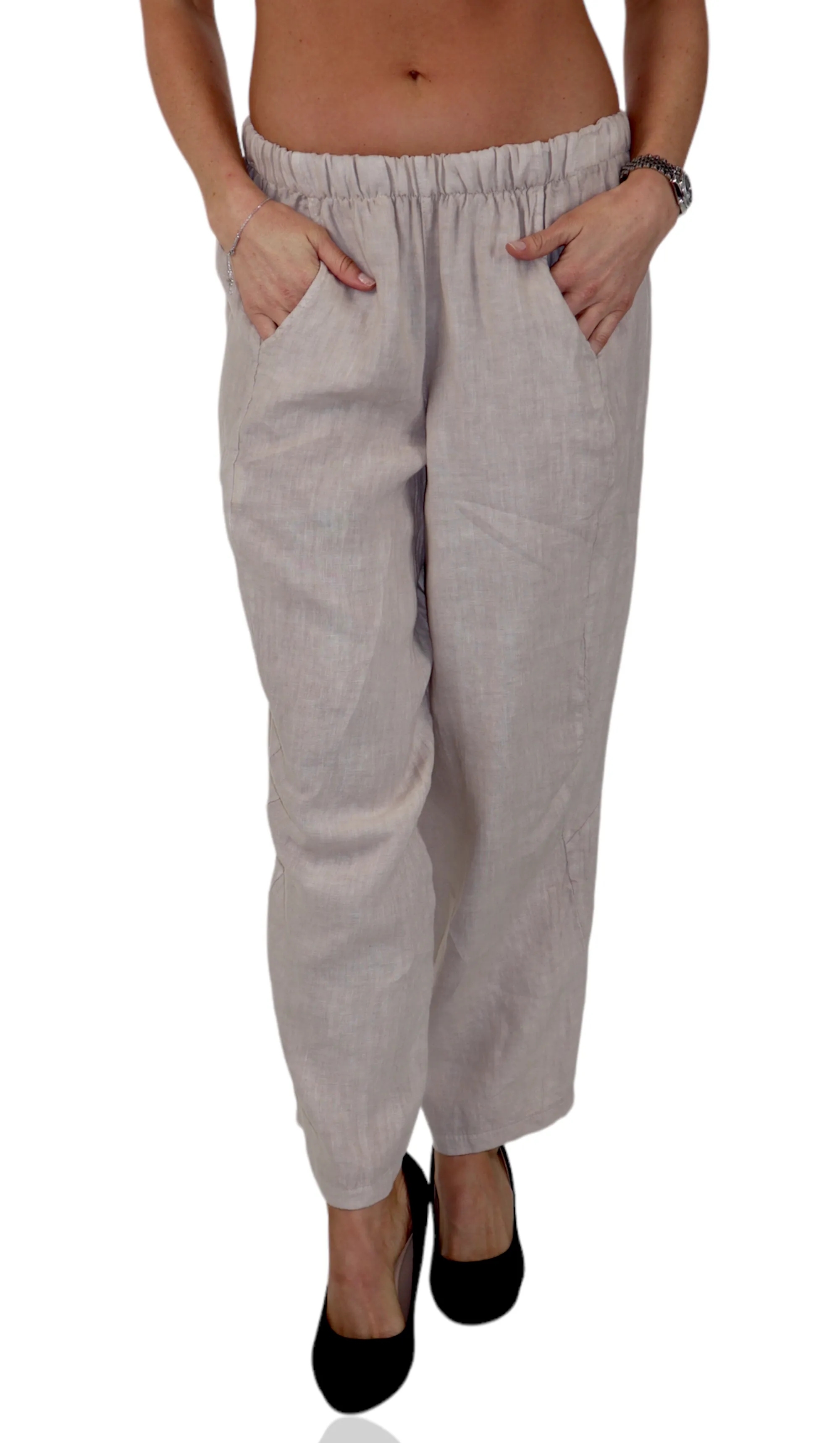 Women 100% Pure Linen Relaxed Fit Breathable Pants w/ Side Pockets