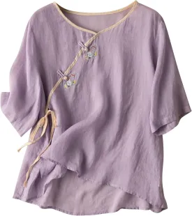 Women Loose Cotton Linen Blouse with Chinese Frog Button Tops Embroidered Floral Short Sleeve Jacquard Shirts