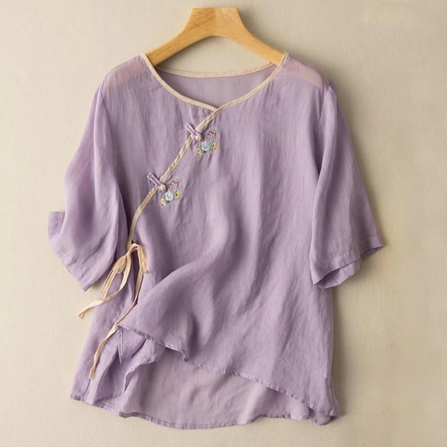 Women Loose Cotton Linen Blouse with Chinese Frog Button Tops Embroidered Floral Short Sleeve Jacquard Shirts