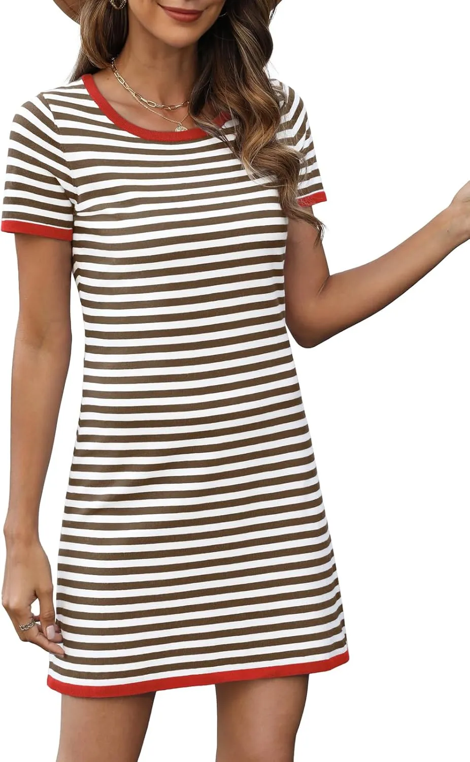 Women's 2025 Spring Summer Striped Sweater Dress Casual Crewneck Short Sleeve Ribbed Knit Bodycon Mini Dresses