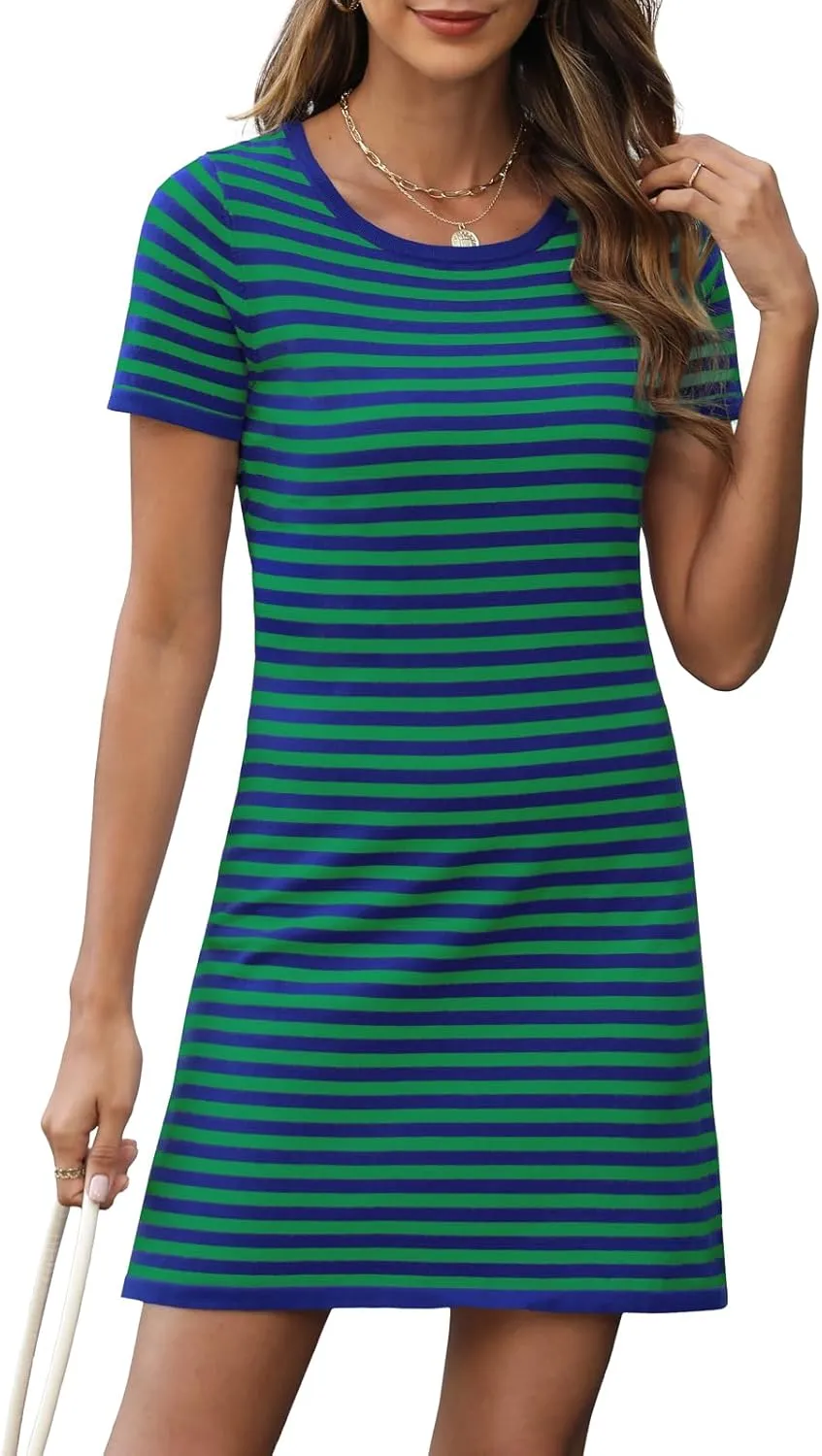 Women's 2025 Spring Summer Striped Sweater Dress Casual Crewneck Short Sleeve Ribbed Knit Bodycon Mini Dresses