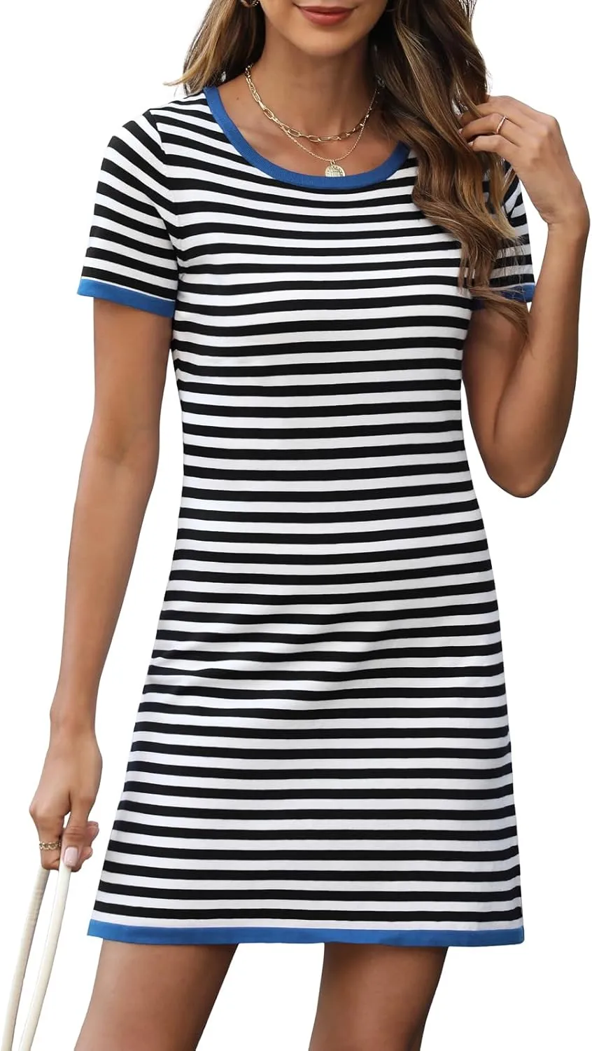 Women's 2025 Spring Summer Striped Sweater Dress Casual Crewneck Short Sleeve Ribbed Knit Bodycon Mini Dresses