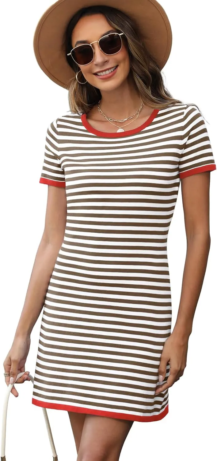 Women's 2025 Spring Summer Striped Sweater Dress Casual Crewneck Short Sleeve Ribbed Knit Bodycon Mini Dresses