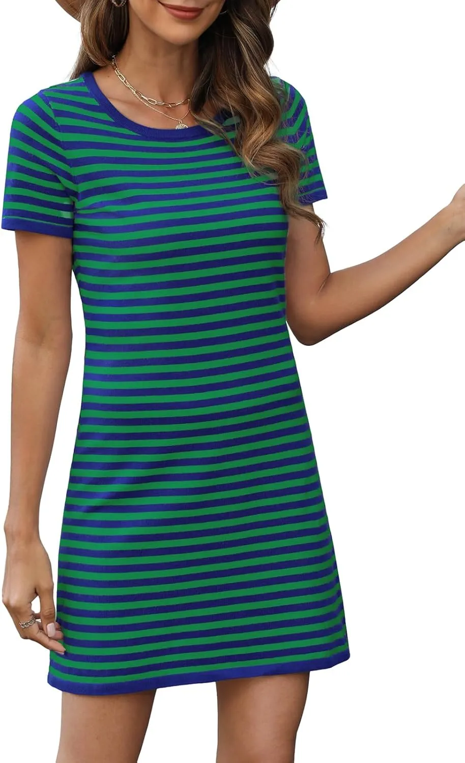 Women's 2025 Spring Summer Striped Sweater Dress Casual Crewneck Short Sleeve Ribbed Knit Bodycon Mini Dresses