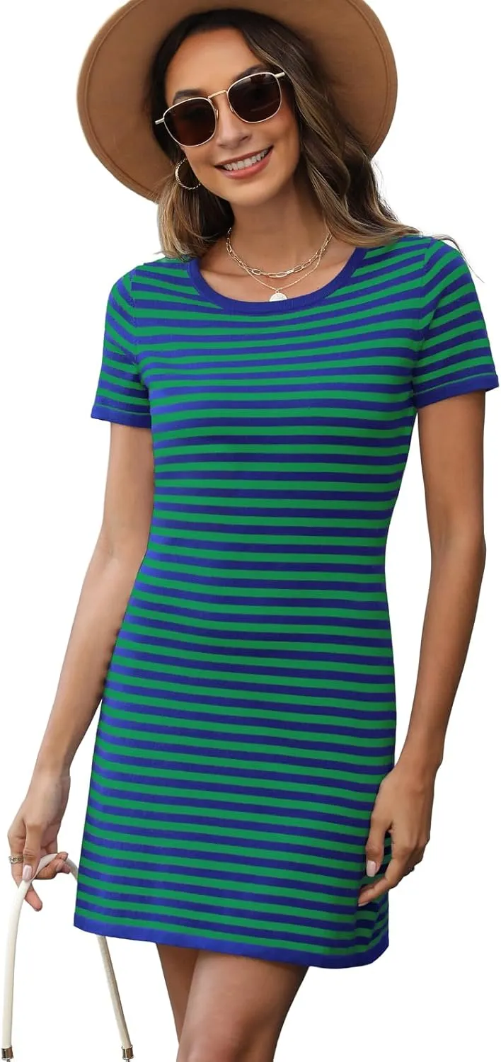 Women's 2025 Spring Summer Striped Sweater Dress Casual Crewneck Short Sleeve Ribbed Knit Bodycon Mini Dresses