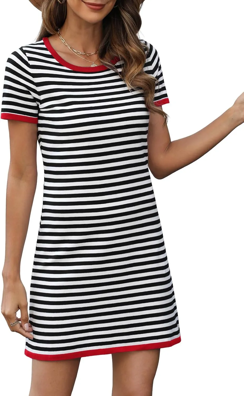 Women's 2025 Spring Summer Striped Sweater Dress Casual Crewneck Short Sleeve Ribbed Knit Bodycon Mini Dresses