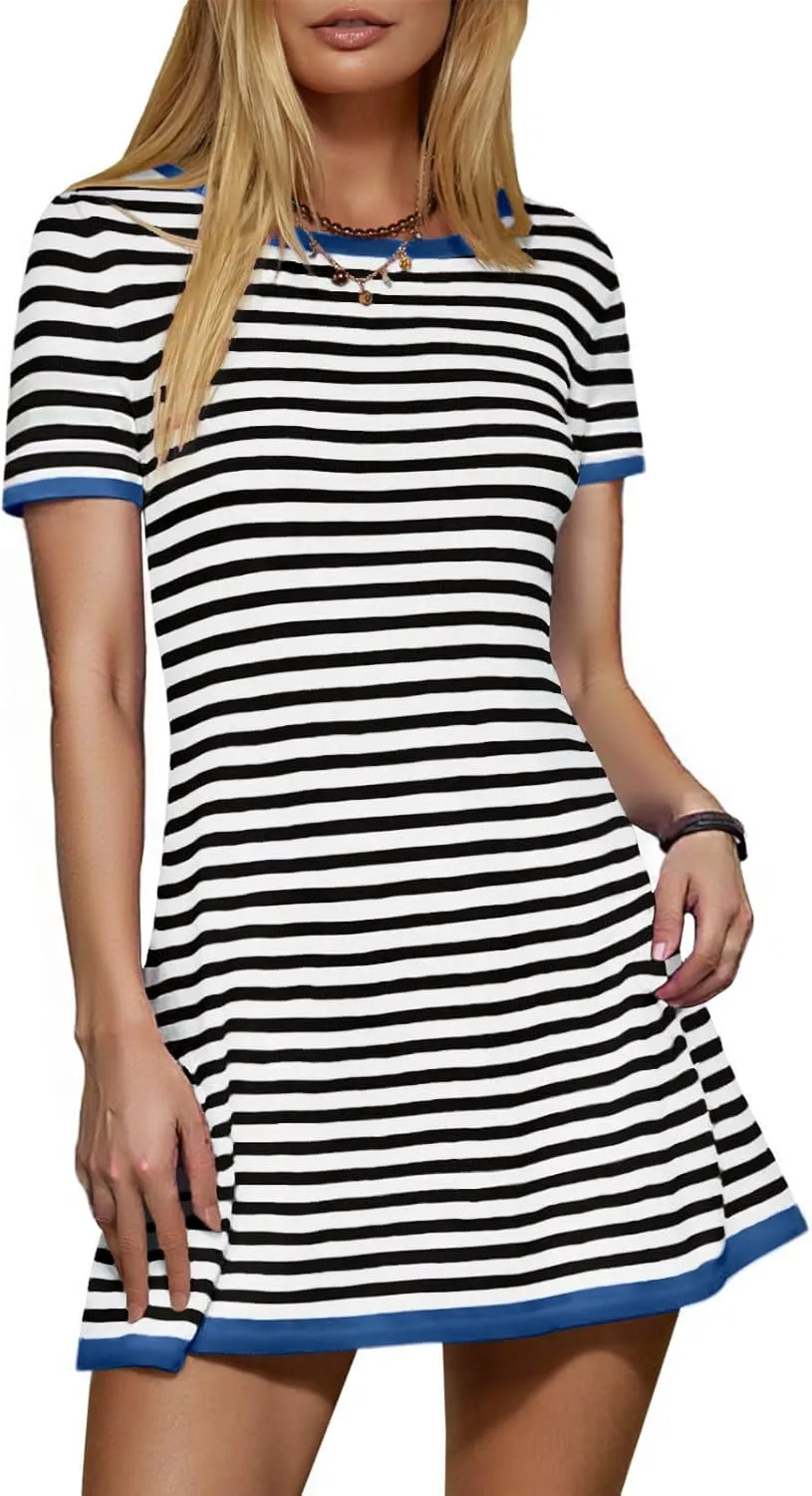 Women's 2025 Spring Summer Striped Sweater Dress Casual Crewneck Short Sleeve Ribbed Knit Bodycon Mini Dresses
