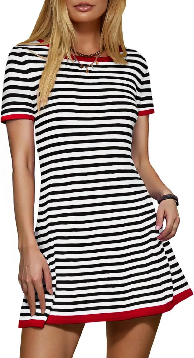 Women's 2025 Spring Summer Striped Sweater Dress Casual Crewneck Short Sleeve Ribbed Knit Bodycon Mini Dresses